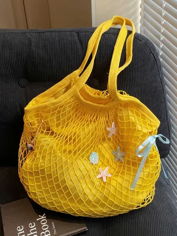 Large Capacity Hollow Woven Tote Bag For Women Casual Cotton Mesh Shoulder Bag With Starfish Shell Decor Summer Beach Handbag