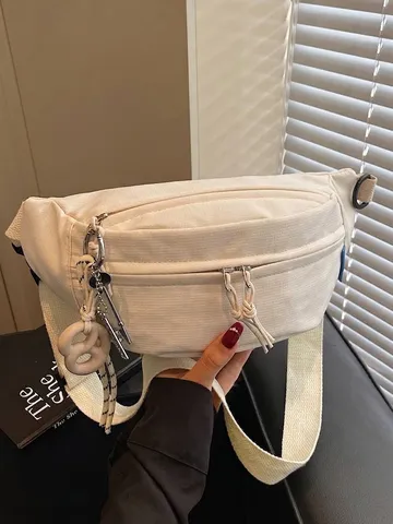 Lässige Canvas Brusttasche Für Damen Mode Studenten Gürteltasche Mehrlagige Reißverschluss Umhängetasche Mit Dekorativem Anhänger