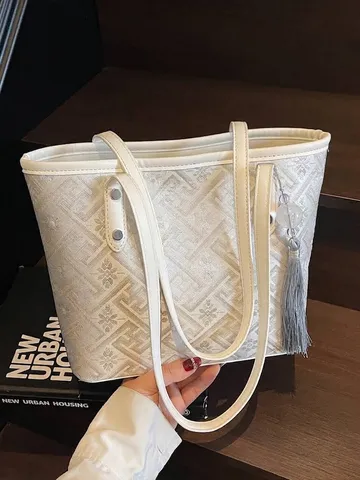 New Chinese Style Canvas Tote Bag For Women Large Capacity Printed Geometric Floral Pattern Bucket Bag With Tassel Commuter Handbag