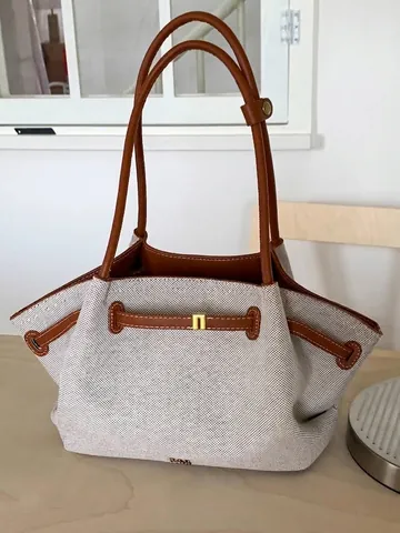 Bolso de Mano de Lona y Cuero de Gran Capacidad para Mujer 2025 Verano Nuevo Bolso de Hombro Plisado de Axila Bolso de Viaje