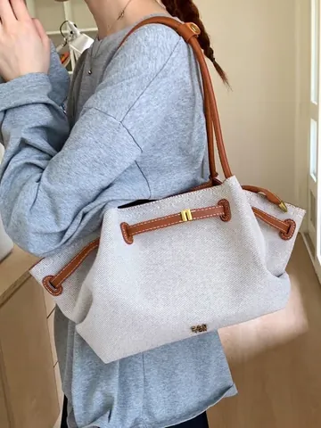 Bolso de Mano de Lona y Cuero de Gran Capacidad para Mujer 2025 Verano Nuevo Bolso de Hombro Plisado de Axila Bolso de Viaje