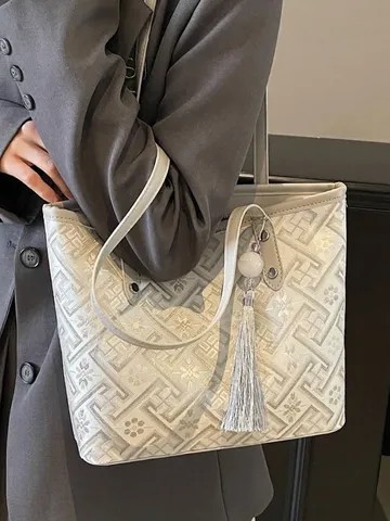 New Chinese Style Canvas Tote Bag For Women Large Capacity Printed Geometric Floral Pattern Bucket Bag With Tassel Commuter Handbag