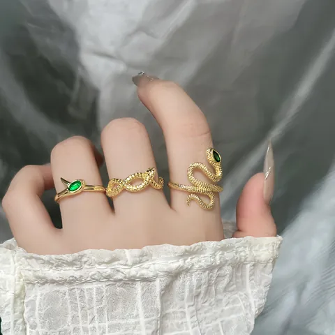 Golden Snake Wrap Open Ring For Women Trendy Copper Zirconia Green Eye Serpent Adjustable Animal Zodiac Finger Ring Jewelry Gift