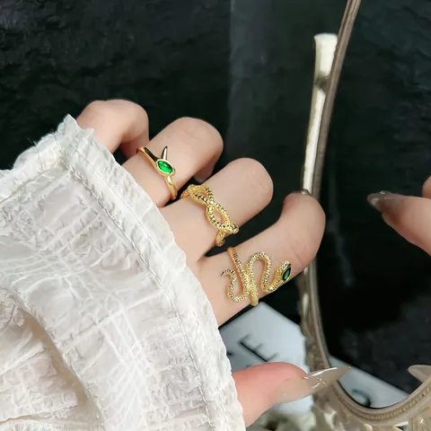 Golden Snake Wrap Open Ring For Women Trendy Copper Zirconia Green Eye Serpent Adjustable Animal Zodiac Finger Ring Jewelry Gift
