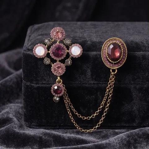 Vintage Barokke Dubbele Ketting Broche Voor Heren Dames Pak Blazer Shirt Antiek Goud Legering Paarse Strass Reversspeld