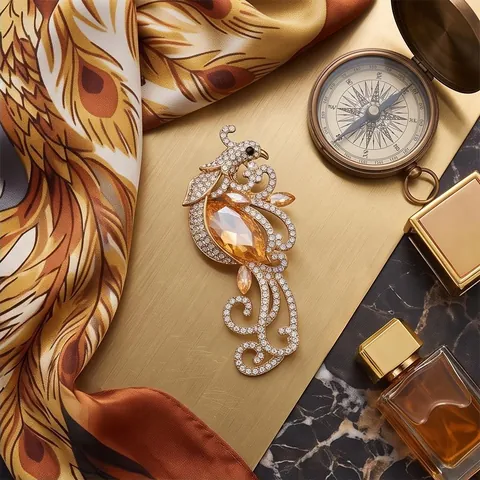 Luxury Phoenix Crystal Brooch Pin Vintage Animal Rhinestone Corsage For Suit Coat Gold Tone Jewelry Accessories For Women