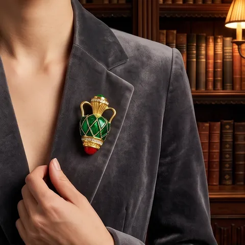 French Vintage Vase Brooch Luxury Zinc Alloy Enamel Rhinestone Lapel Pin For Women Men Banquet Party Suits Accessory Jewelry