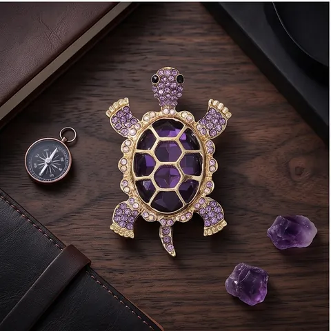 Creative Turtle Brooch Pin For Women Alloy Rhinestone Animal Lapel Pin Gold Plated Purple Glass Crystal Brooch Pin Fashion Jewelry Gift Accessory