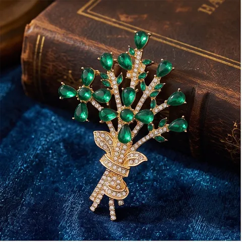 Vintage Luxury Flower Bouquet Brooch Pin Women Emerald Green Glass Rhinestone Gold Alloy Jewelry For Qipao Suit Hat Accessory