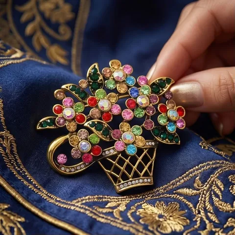 Vintage Rhinestone Flower Basket Brooch Alloy Multicolor Crystal Pin For Women Fashion Clothing Accessories Jewelry Gift