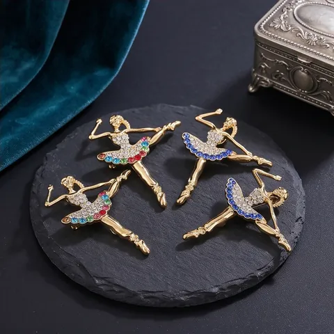 Elegant Ballet Girl Brooch Pin For Women Zinc Alloy Gold Plated Colorful Rhinestone Crystal Ballerina Apparel Accessories Jewelry Gift