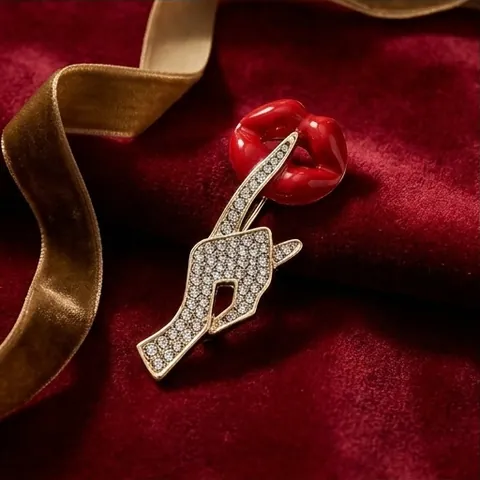 Sexy Red Lips Hand Gesture Brooch Pin For Women Alloy Rhinestone Enamel Pin Clothing Accessories Jewelry Gift For Party Banquet