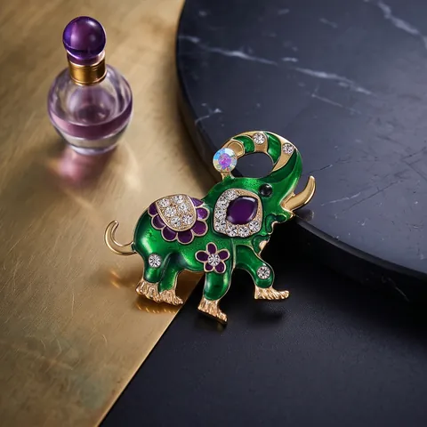 Vintage Groen Emaille Olifant Brosche Luxe Zinklegering Dier Reversspeld Strass Bloem Brosche Voor Dames Heren Sieraden Accessoires
