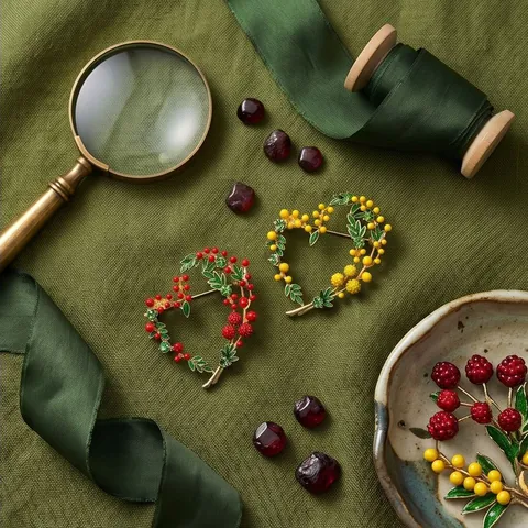 Exquisite Sweet Mimosa Fruit Heart Brooch Alloy Rhinestone Floral Pattern Fashion Clothing Coat Corsage Jewelry For Women