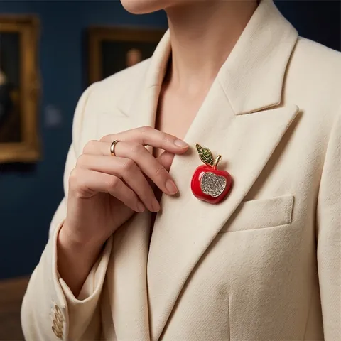 Sweet Red Apple Rhinestone Brooch For Women Exquisite Fruit Enamel Alloy Brooch Pin For Cardigan Clothing Accessories