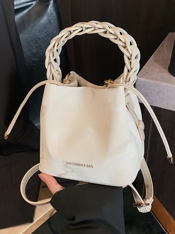 Women PU Leather Marble Pattern Bucket Bag With Woven Handle Drawstring Crossbody Bag Summer Fashion Niche Shoulder Handbag