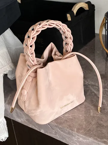 Women PU Leather Marble Pattern Bucket Bag With Woven Handle Drawstring Crossbody Bag Summer Fashion Niche Shoulder Handbag