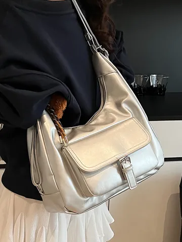 Zaino Multifunzionale in Pelle PU Metallica da Donna Grande Capacità Borsa a Tracolla Casual Fashion Hobo Bag per Scuola Quotidiana Ufficio