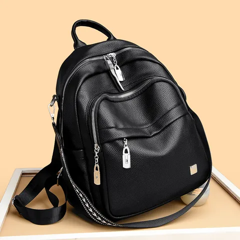 Sac à Dos pour Femmes Style Coréen Grande Capacité Cuir Synthétique PU Souple Grain de Litchi Décontracté Sac d'École Étudiant Polyvalent