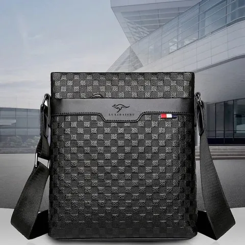 Sac à Bandoulière en Cuir Véritable pour Hommes Motif à Damiers Gaufré Sacoche Business Décontractée pour Bureau Quotidien