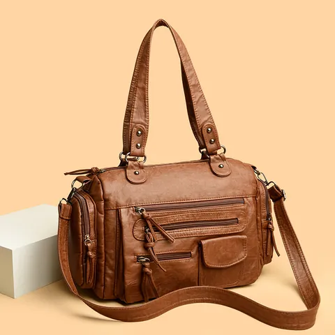 Bolso de Mano de Moda para Mujer Estilo Motociclista con Multibolsillos Piel Sintética PU de Alta Calidad Bolso de Hombro Cruzado Grande Tote