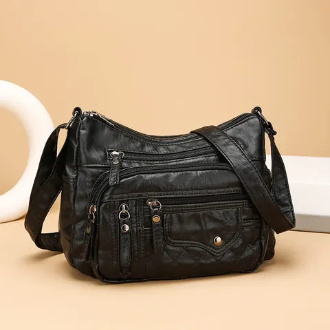 Dames Zacht PU Leer Schoudertas Grote Capaciteit Crossbody Tas Casual Effen Kleur Rits Multi-Pocket Handtas