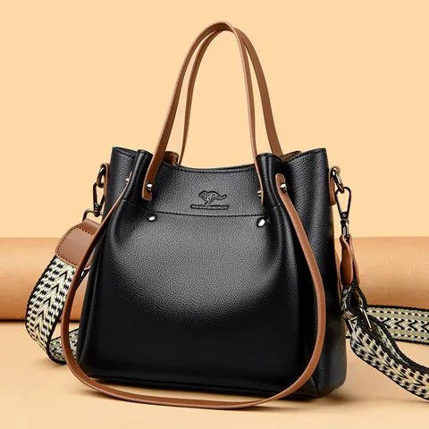 Bolso de Mano de Cuero PU con Textura de Lichi para Mujer Moda Correa Ancha Bolso de Hombro Tote Logo de Canguro Diario