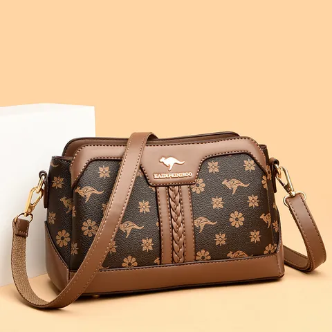 Women Fashion Kangaroo Floral Print Crossbody Bag PU Leather Small Square Shoulder Bag Elegant Urban Style Daily Satchel