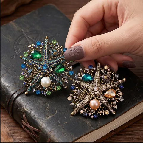 Vintage Alloy Starfish Brooch With Artificial Pearl Rhinestone Inlaid Ocean Theme Coral Design Fashion Jewelry For Women