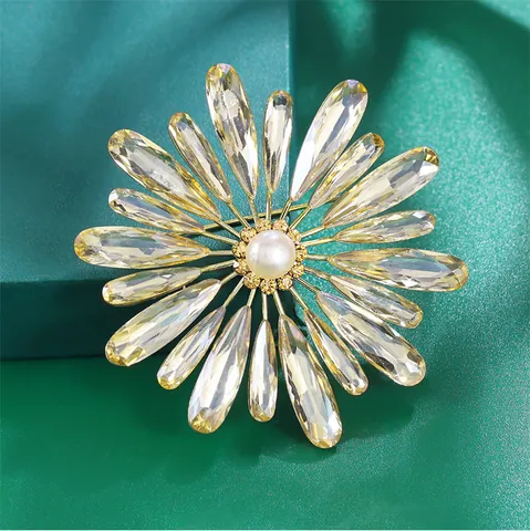 Zoetwaterparel Bloem Brosche Voor Vrouwen 14K Verguld Messing K9 Glas Kristal Zonnebloem Corsage Elegante Sieraden Speld