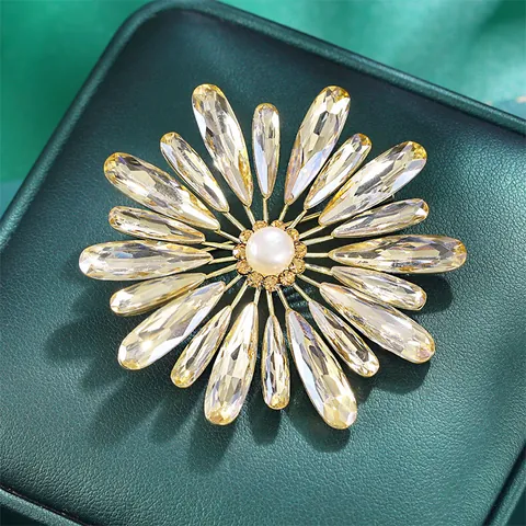 Zoetwaterparel Bloem Brosche Voor Vrouwen 14K Verguld Messing K9 Glas Kristal Zonnebloem Corsage Elegante Sieraden Speld