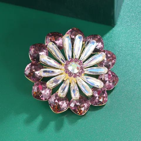 Luxe Messing 14K Verguld K9 Glas Bloemen Broche Pin Voor Dames Paarse Kristallen Bloem Anti-Blootstelling Reversspeld Sieraden