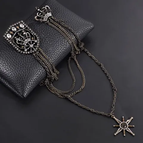 Broche de Cadena Larga Retro Hip-Hop de Aleación con Diamantes de Imitación Corona Estrella Pin para Hombres Traje Abrigo Accesorios