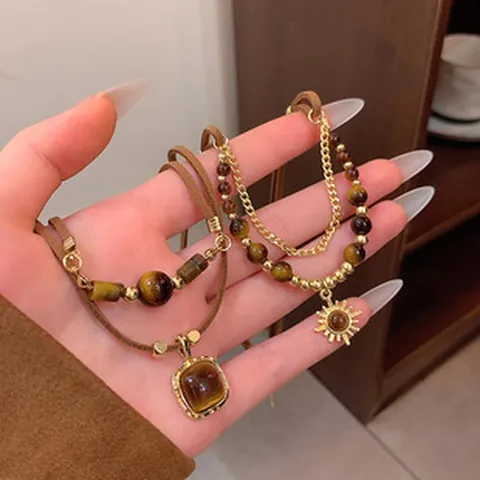 Vintage Tiger Eye Necklace For Women Maillard Retro Brown Sun Pendant Beaded Clavicle Chain Copper Leather Cord Jewelry