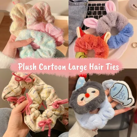 Large Plush Cartoon Scrunchies Korean Style Furry Hair Ties For Women Winter Warm Hair Accessories Handmade Bow Knot Rabbit Ears Hair Band