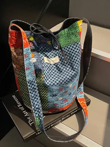 Women Canvas Patchwork Bucket Bag Large Capacity Drawstring Shoulder Crossbody Bag Boho Floral Plaid Printed Casual Bag