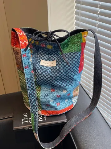 Women Canvas Patchwork Bucket Bag Large Capacity Drawstring Shoulder Crossbody Bag Boho Floral Plaid Printed Casual Bag
