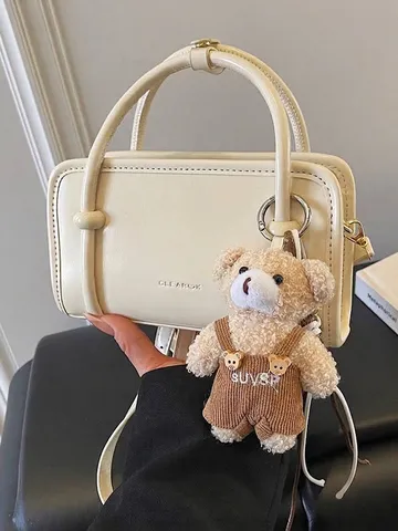 Elegant Women Boston Bowling Bag 2025 New Fashion Crossbody Handbag PU Leather Retro Solid Color Shoulder Bag With Bear Pendant Purse
