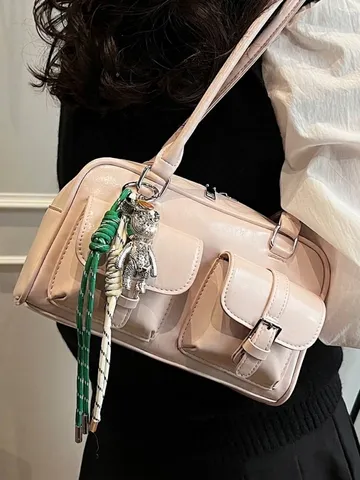 Vintage PU Leren Boston Tas Voor Vrouwen Grote Capaciteit Schoudertas Minimalistische Kussen Tas Met Beer Hanger Voor Dagelijks