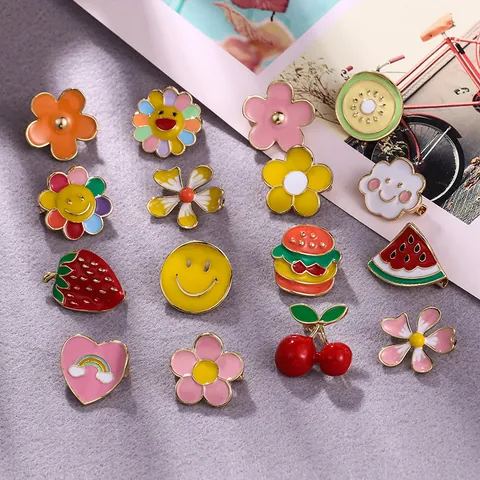 Cute Cartoon Enamel Drip Oil Brooches Alloy Flower Animal Fruit Pins For Kids Women Shirt Collar Anti-Exposure Pins Fashion Accessories