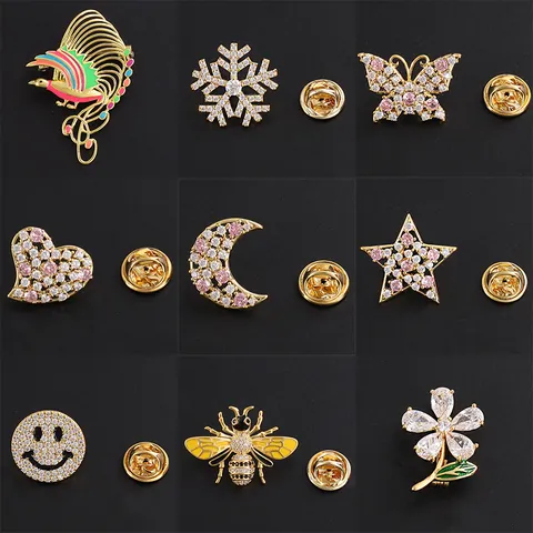 Zirconia Brooch Pins For Women Copper Alloy Enamel Animal Flower Snowflake Star Moon Butterfly Heart Pins For Coat Jacket Accessory