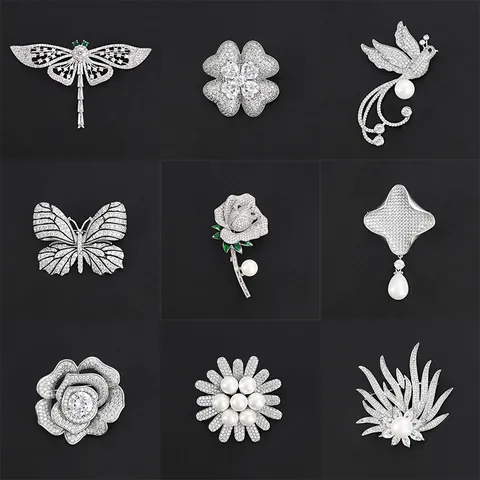 Copper Zirconia Artificial Pearl Brooch Pin Korean Style Insect Flower Dragonfly Butterfly Clover Rose Corsage Jewelry
