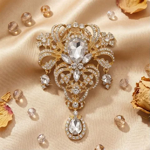 Vintage Water Drop Rhinestone Brooch Alloy Crystal Corsage Luxury Wedding Party Banquet Jewelry Accessory For Unisex
