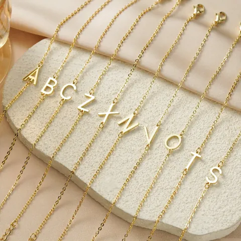Minimalist Stainless Steel Initial Letter Bracelet For Women Girls Gold Plated Adjustable Rhinestone Alphabet Chain Jewelry