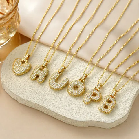 Hip Hop Iced Out Initial Letter Pendant Necklace For Women Men Gold Brass Rhinestone Bubble Alphabet Jewelry Trendy Party Gift
