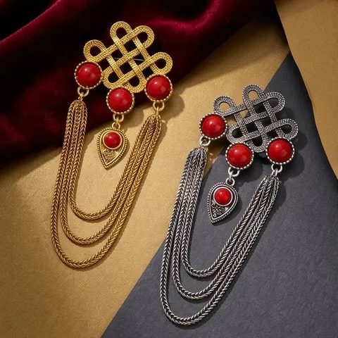 Ethnic Style Chinese Knot Brooch Antique Alloy Artificial Turquoise Tassel Chain Pin For Suit Shirt Unisex Vintage Jewelry