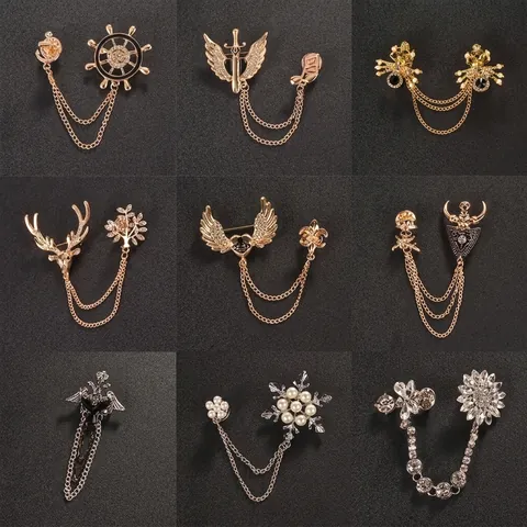 Vintage Men Suit Brooch Pin With Chain Alloy Rhinestone Artificial Pearl Badge For Blazer Coat Women Accessories Gift