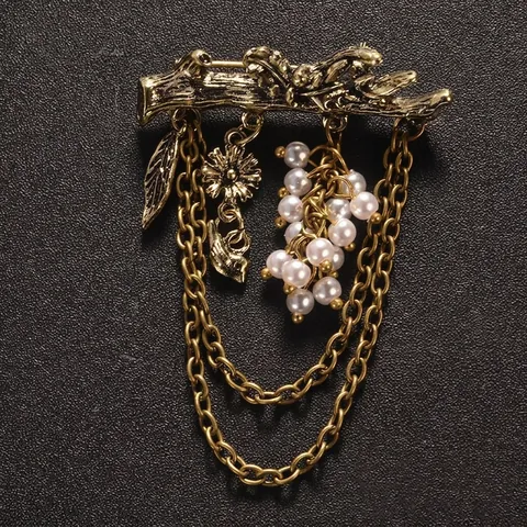 Vintage Men Suit Brooch Pin With Chain Alloy Rhinestone Artificial Pearl Badge For Blazer Coat Women Accessories Gift