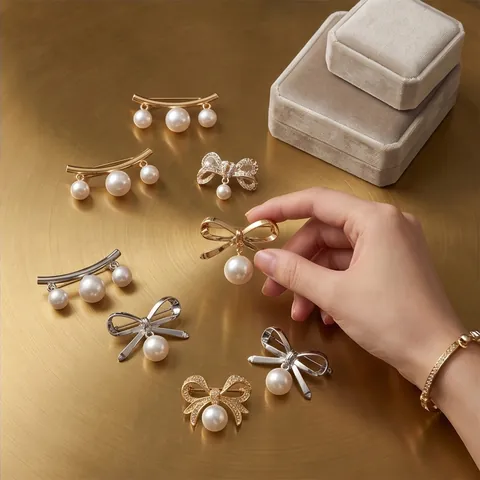 Elegant Alloy Bowknot Brooch Pin For Women Artificial Pearl Rhinestone Exquisite Corsage Neckline Fastener Dress Decoration Jewelry