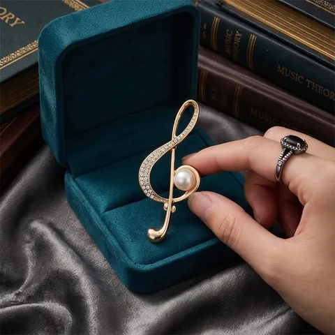 Fashion Music Note Alloy Brooch Rhinestone Artificial Pearl Treble Clef Lapel Pin Jewelry For Women Men Office Suit Coat Decor
